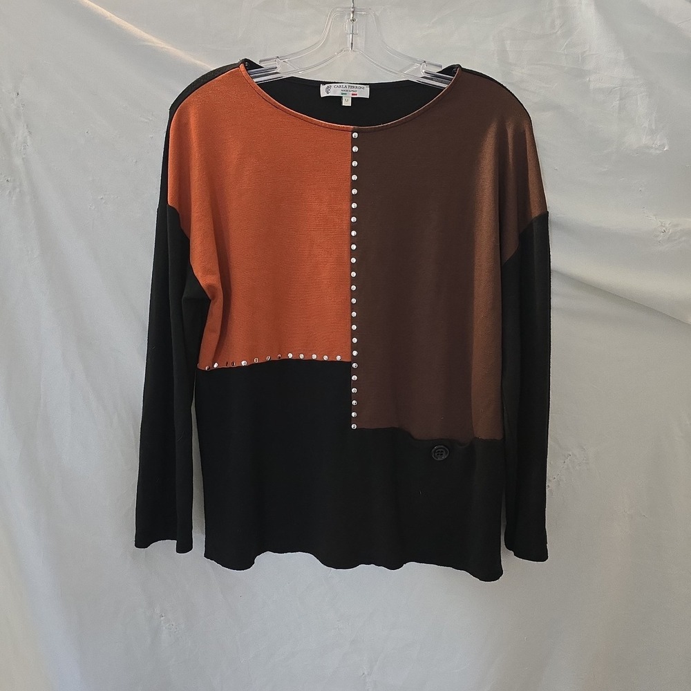 Carla Ferroni Made‎ In Italy Colorblock Studded Button Detail Long Sleeve Top M